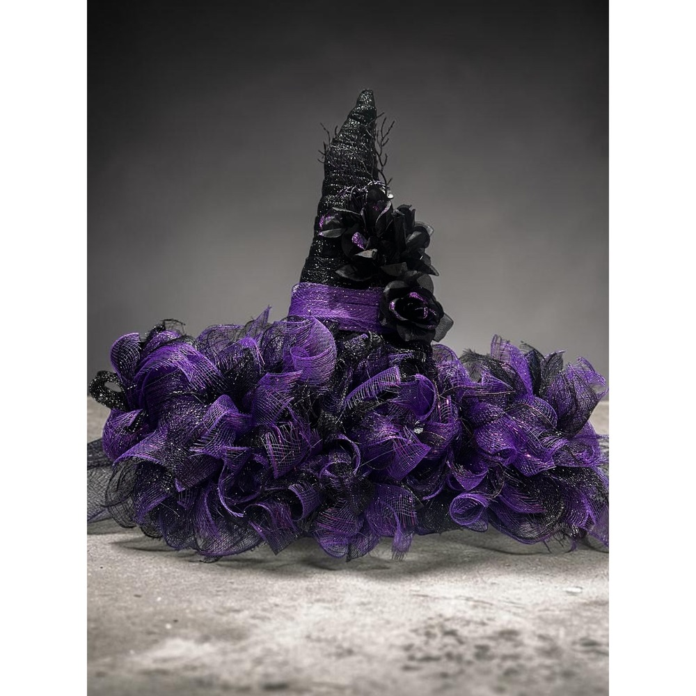 Handmade Halloween Witch Hat Door Wreath Purple Black Deco Mesh Floral Decor